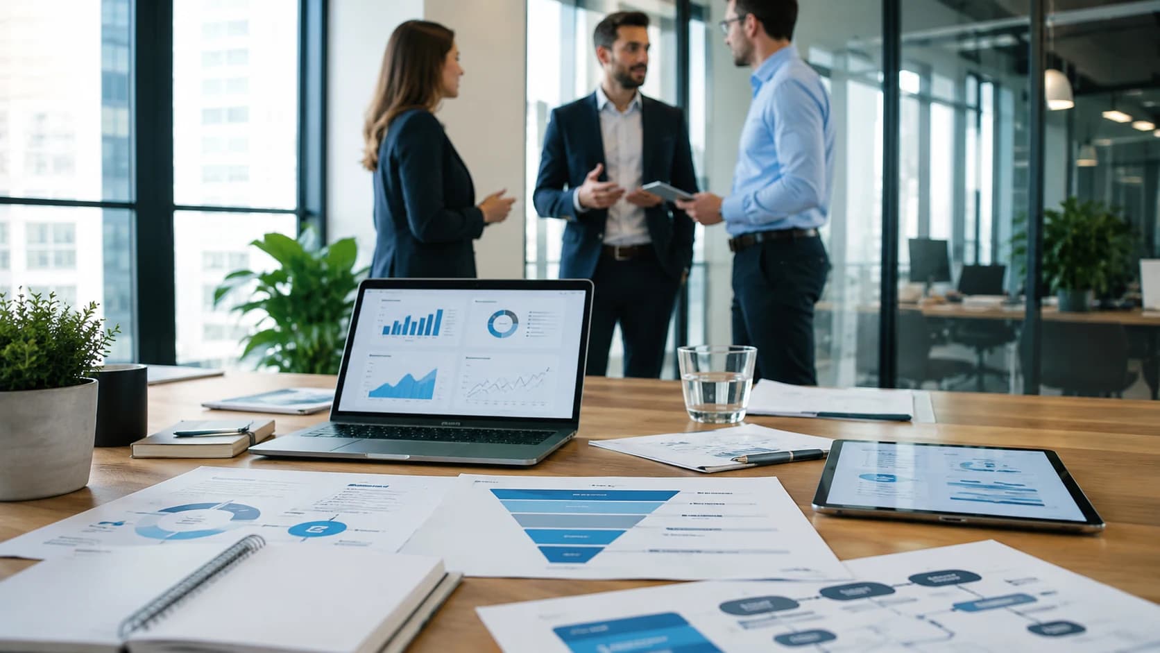 B2B growth strategy meeting with professionals reviewing data, funnel and business performance materials.