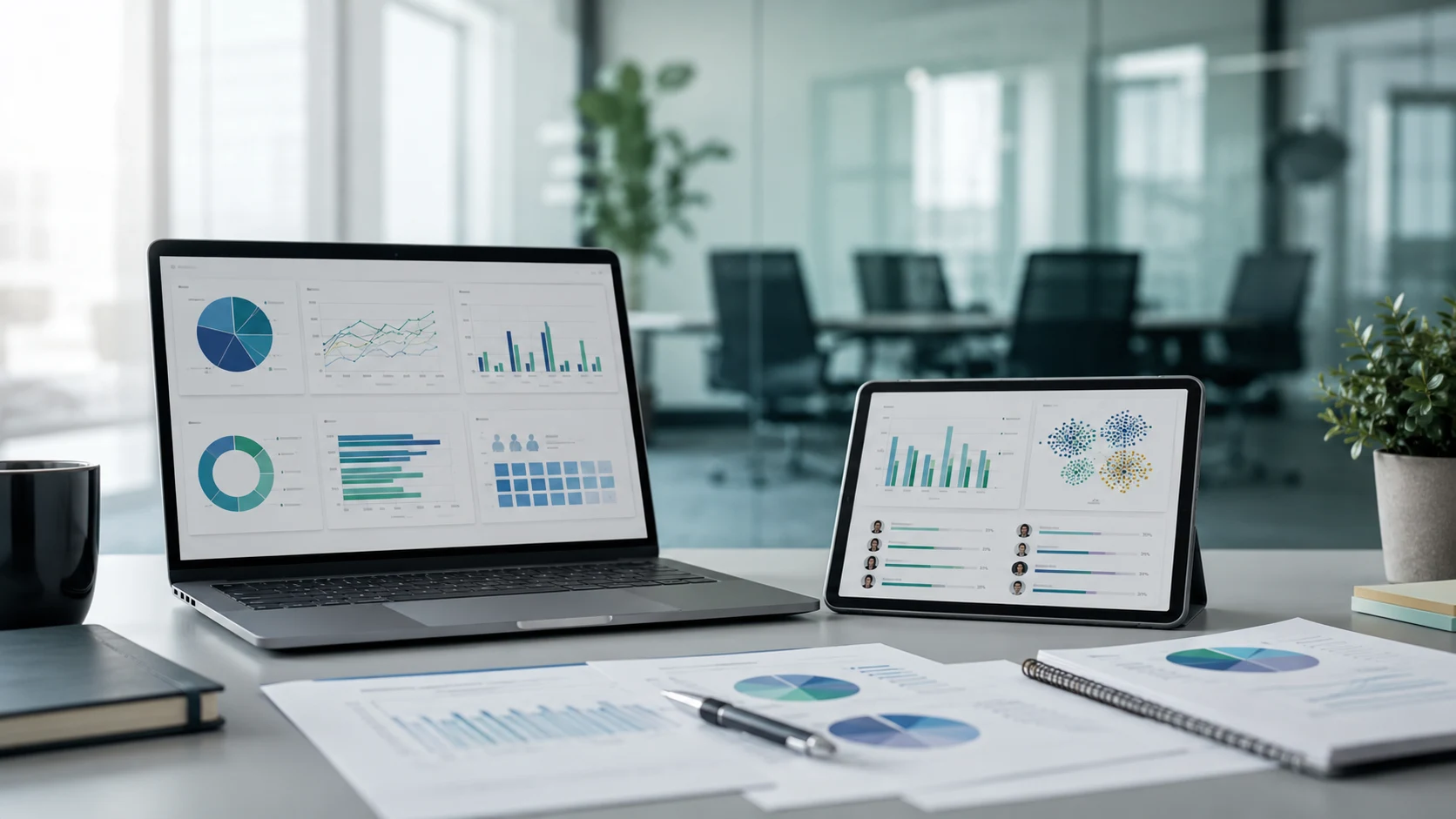 Survey and data collection workspace with customer insights analytics and research materials.