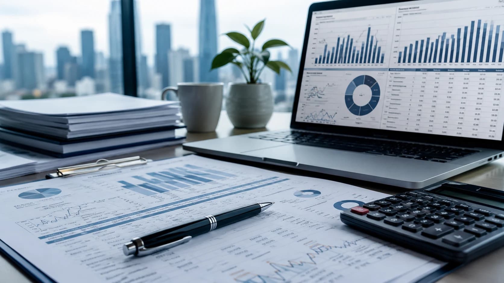 Data analytics and business insights workspace with charts, dashboard and analytical documents.