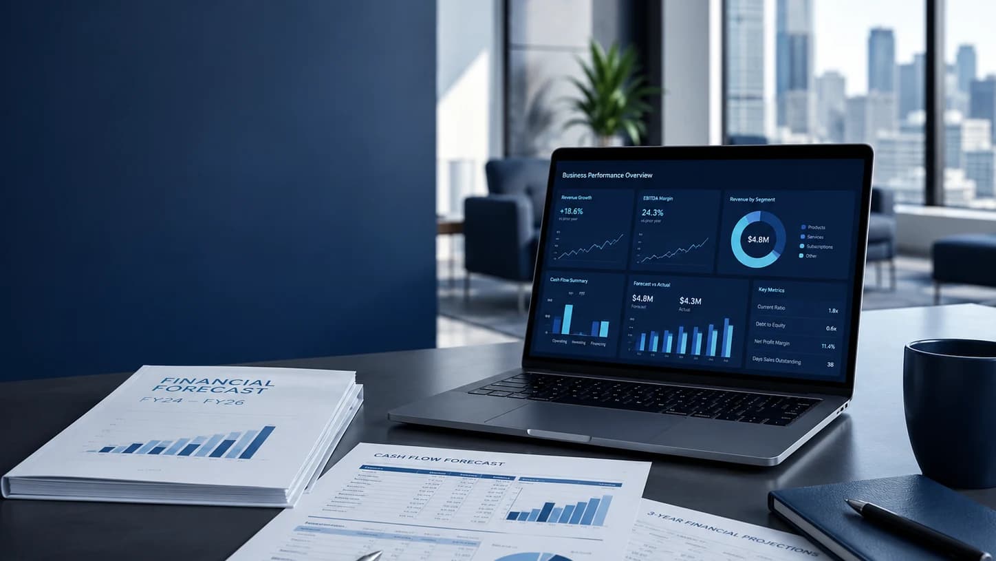 Financial and investment research workspace with forecasts, business performance dashboards and analysis documents.