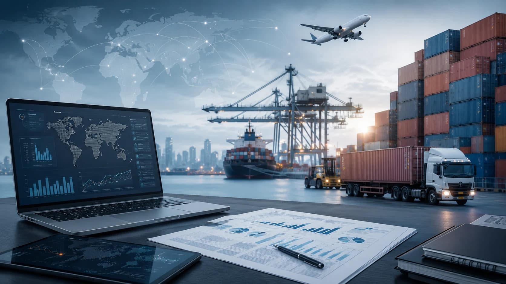 Global trade and market intelligence visual with logistics operations, international routes and business data.