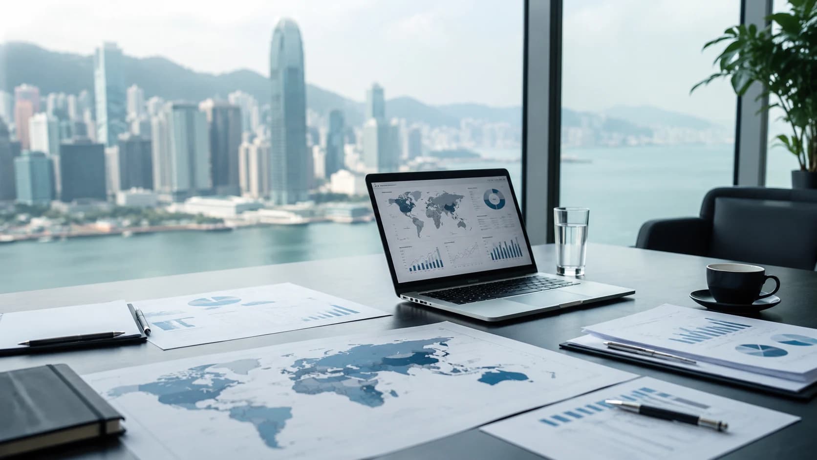 Regional market intelligence workspace with global maps, analytics and business research documents.