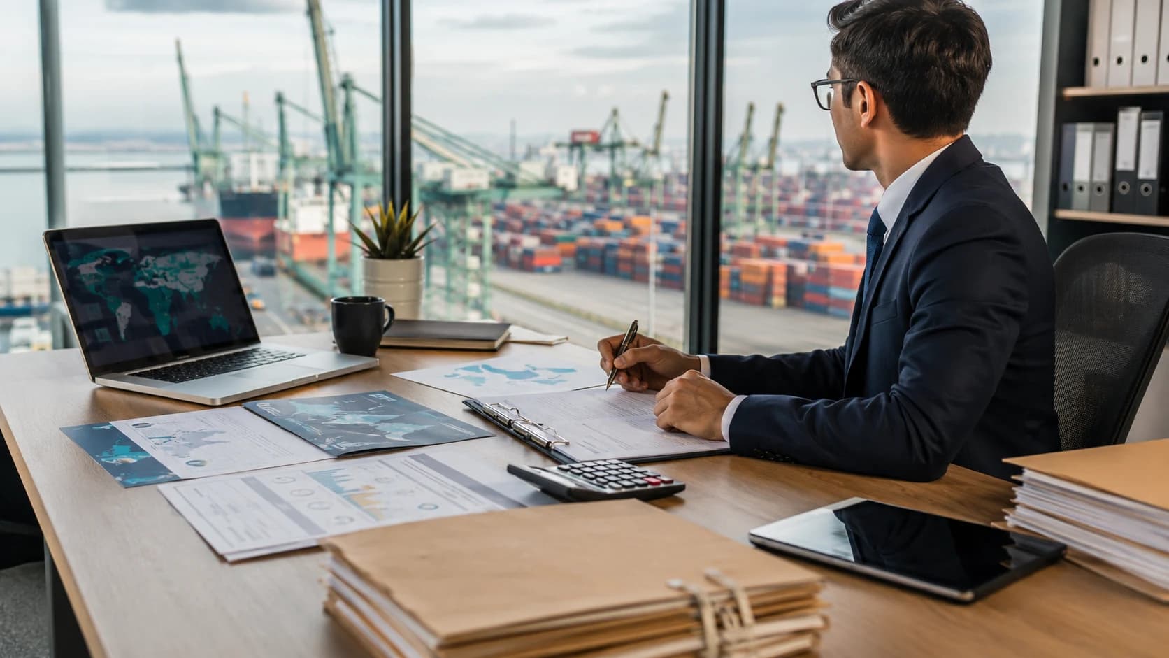 Supply chain and trade intelligence workspace overlooking port operations with logistics analytics.