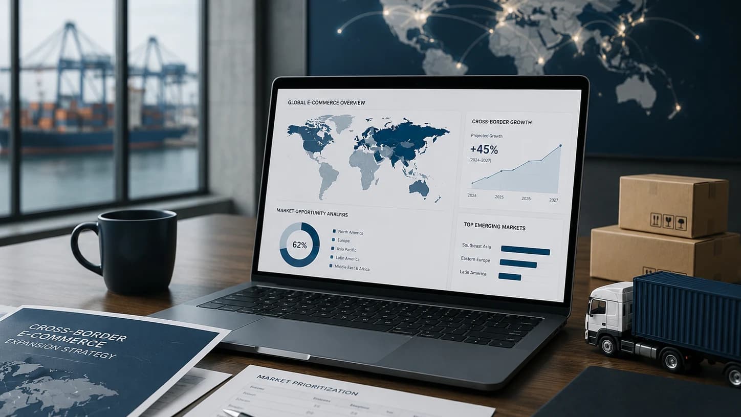 Global e-commerce expansion strategy workspace with marketplace analytics and cross-border planning.