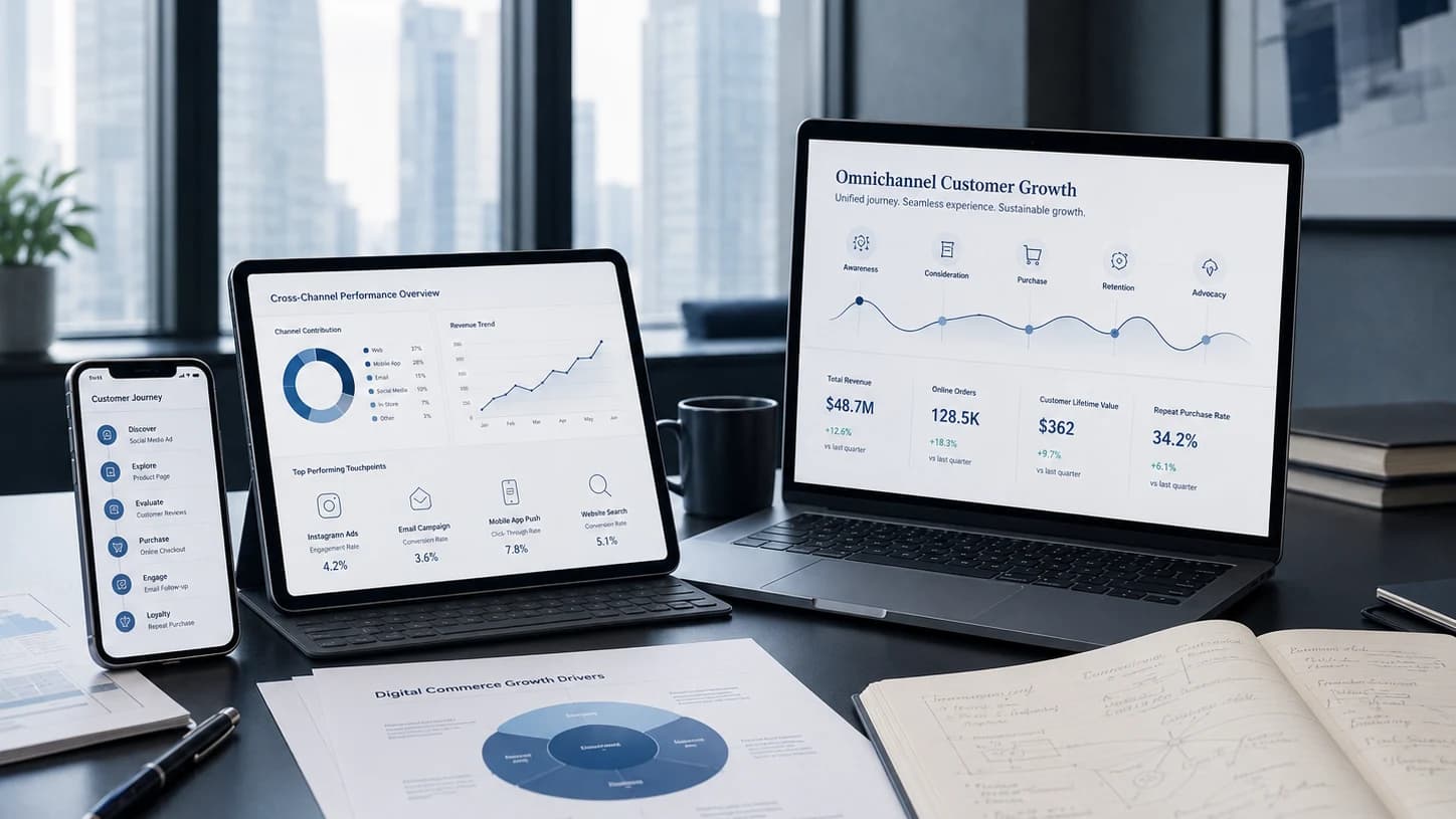 Omnichannel customer growth workspace with cross-channel analytics and customer journey planning.