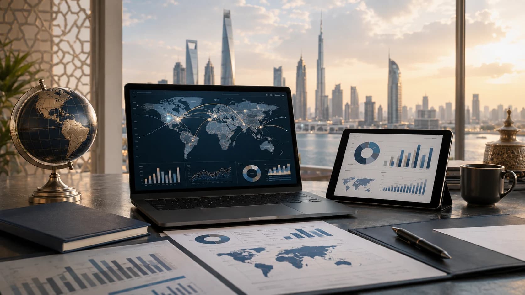 Global cross-border business growth visual with international market planning and digital enablement.