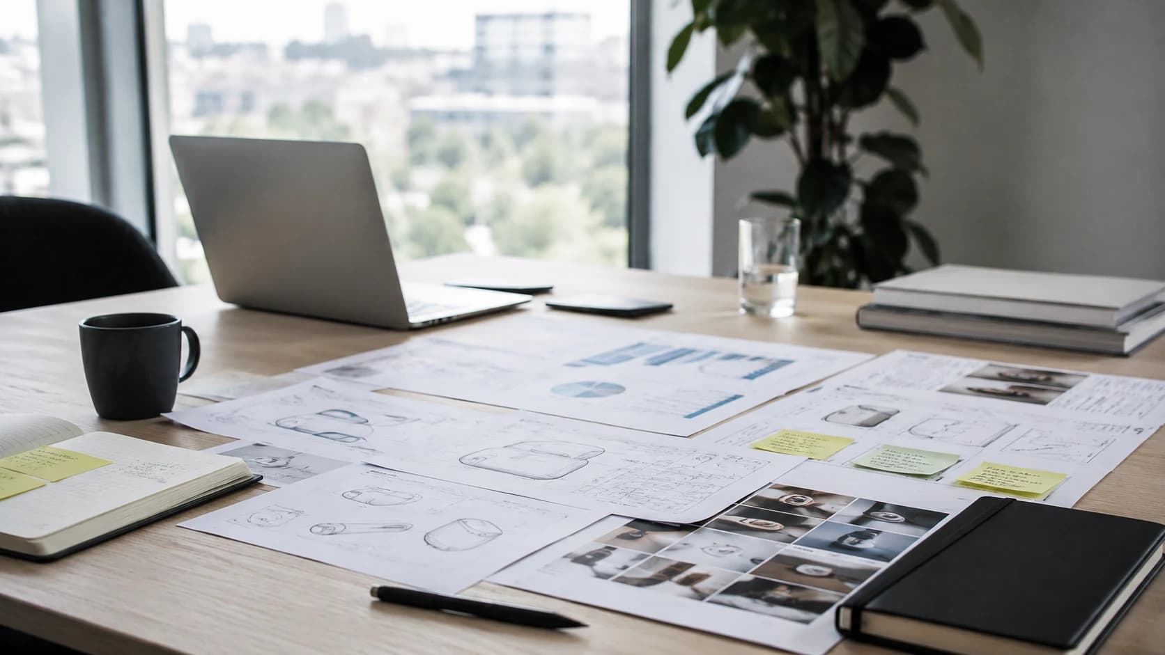 Product innovation research workspace with design sketches, concept notes and evaluation materials.